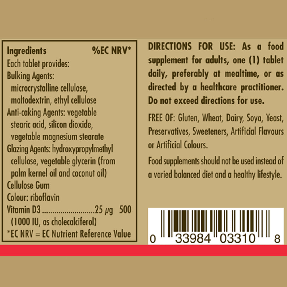 Vitamin D3 (Cholecalciferol) 1000 IU (25 mcg) Tablets