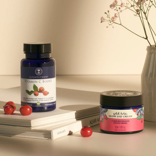 Try our Vitamin C Boost with Wild Rose Skincare to visibly enhance radiance.